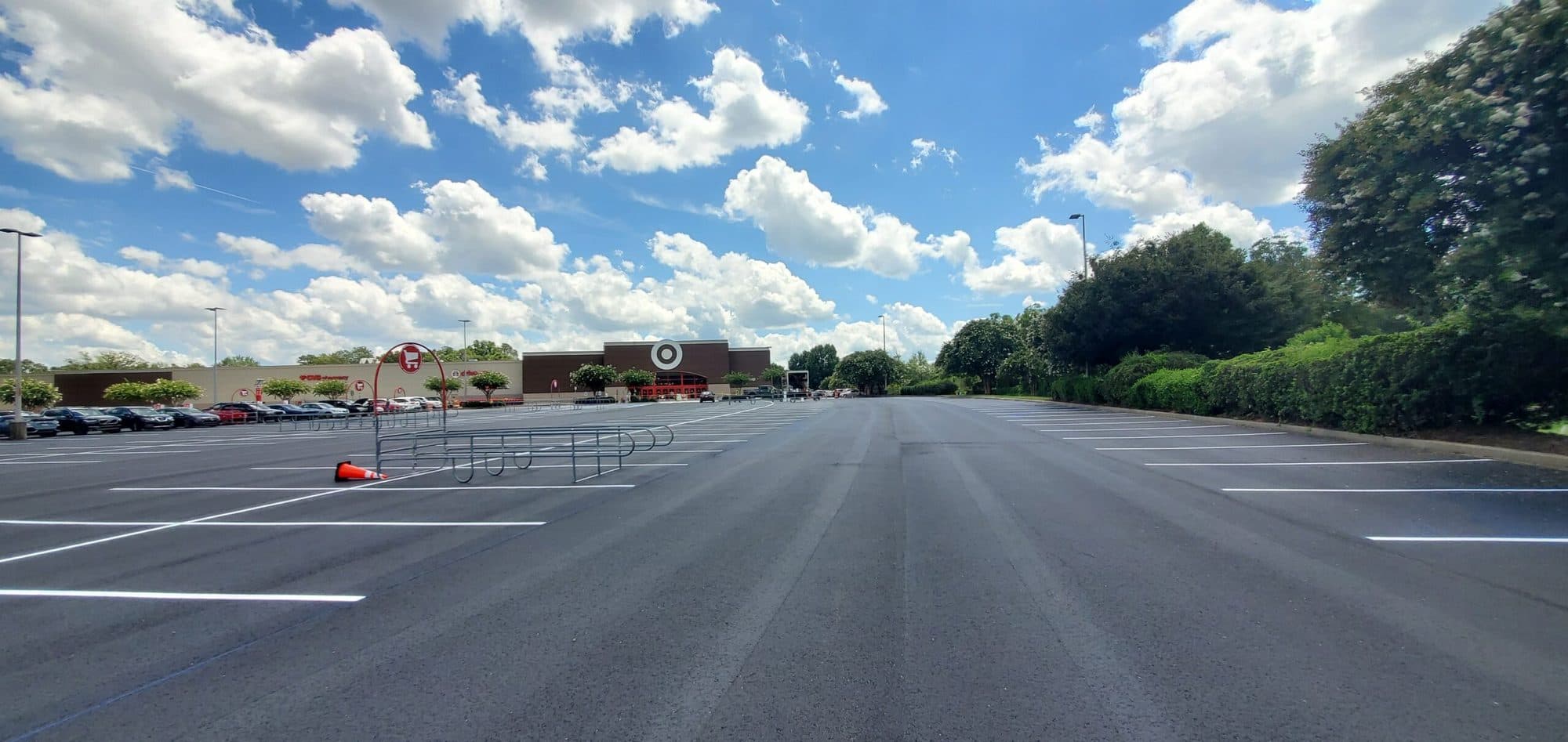 Completed commercial parking lot after paving and striping