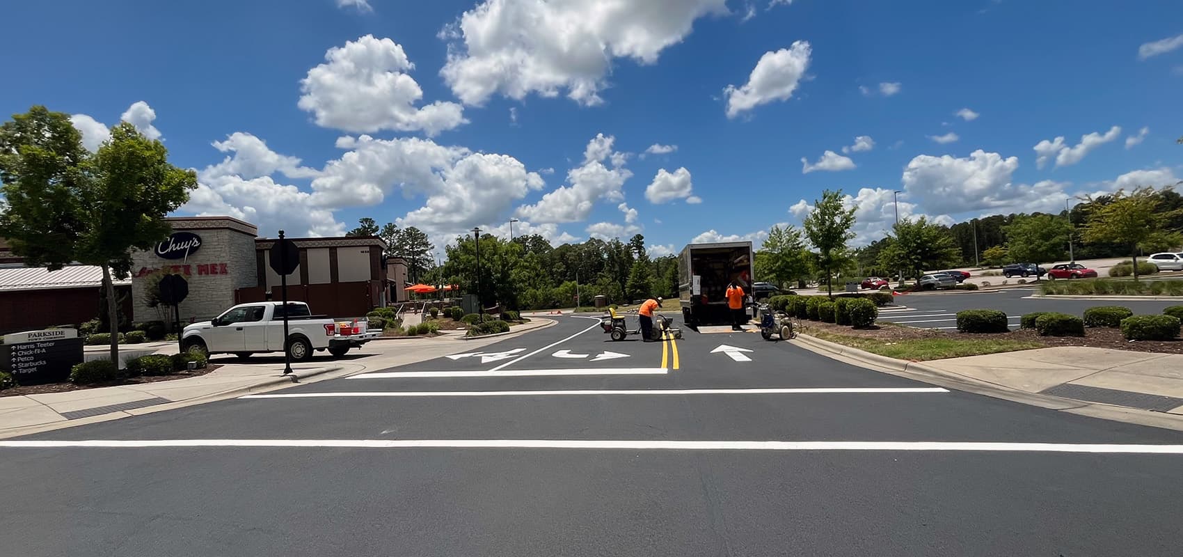 Campus parking lot after resurfacing and re-striping