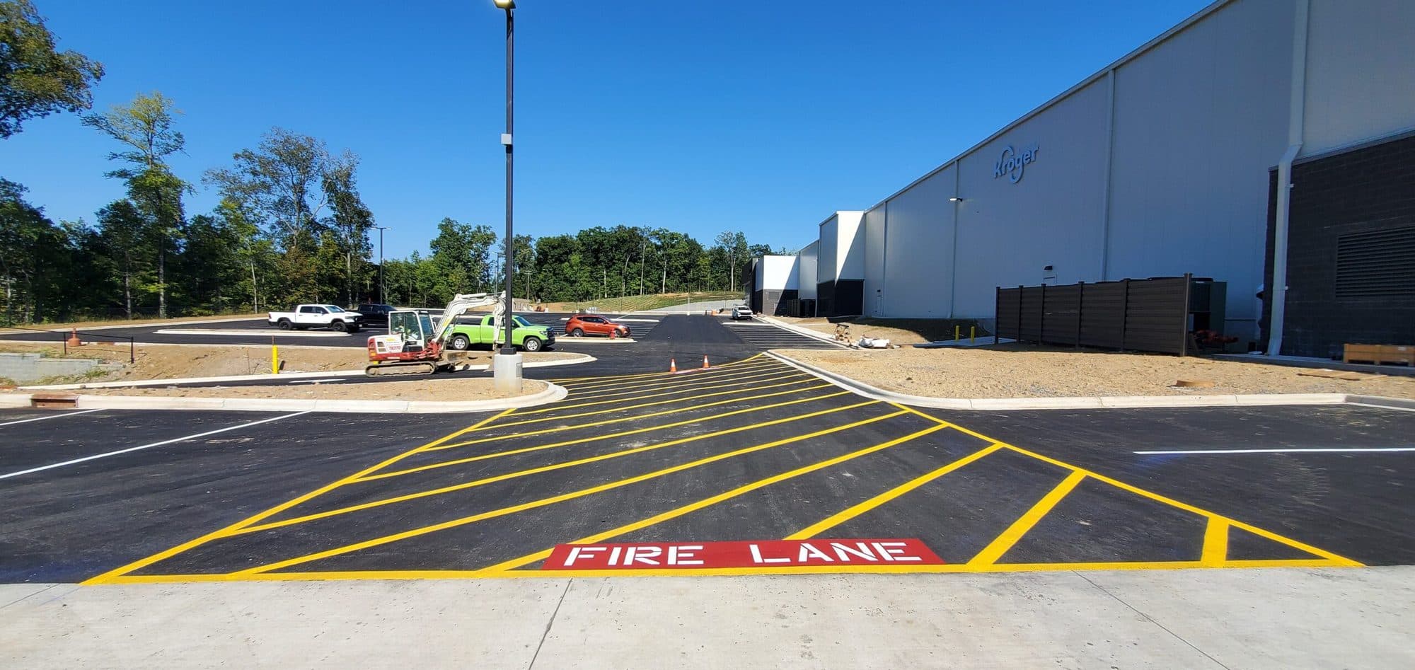 Fire lane markings and hatching on a commercial property