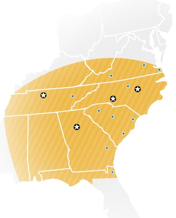 Map of Crown Paving's service area across Virginia, North Carolina, South Carolina, Georgia and northern Florida
