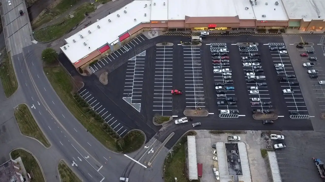 Aerial view of a completed shopping center lot in Mount Airy NC