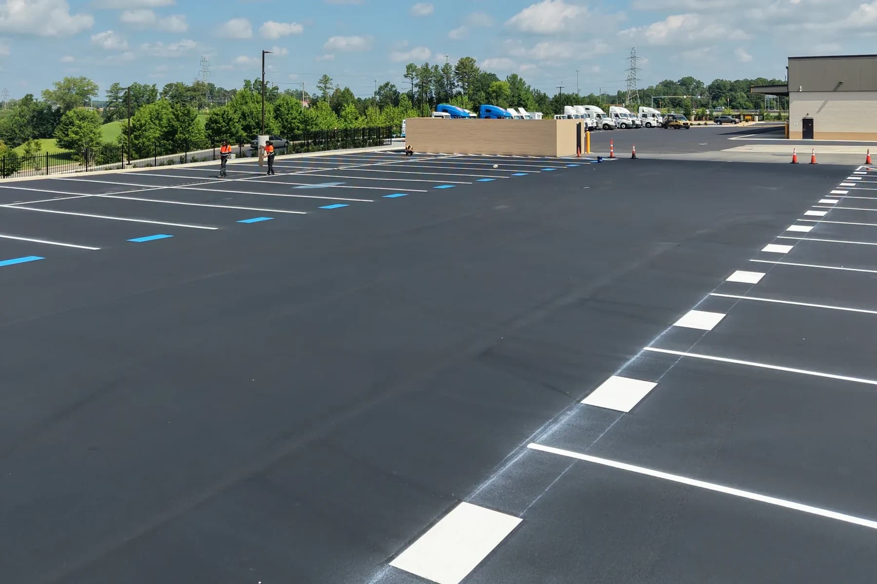 Finished truck yard at Penske in Concord NC, sealed and striped with accessible stalls